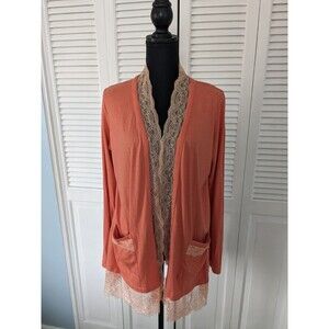 LOGO Lori Goldstein Cardigan Women sz M Coral/Orange CottonModal OpenFront Lace